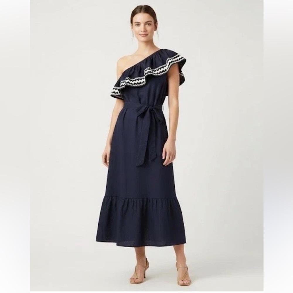 J. Crew Navy Blue Linen Midi Dress One Shoulder A Line Large
